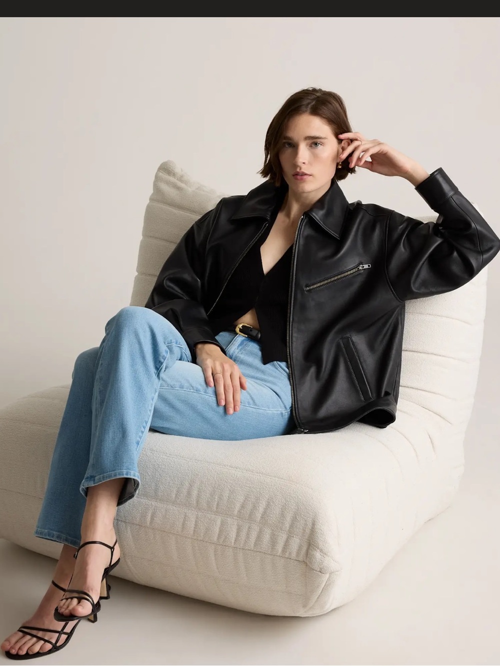 Quince Oversized Leather Bomber Jacket - True Black, Size Medium - Picture 5 of 5
